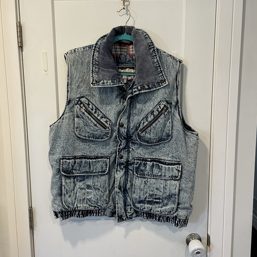Vintage Denim Jean Vest Men’s Large Zip In Crowd Celebration Flannel Lined